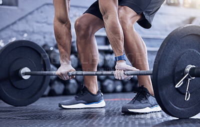 Buy stock photo Man, training and lift weight with hands at the gym with legs for wellness with exercise. Male athlete, barbell and workout with hand at a club for strong muscles for lifting the fitness equipment.