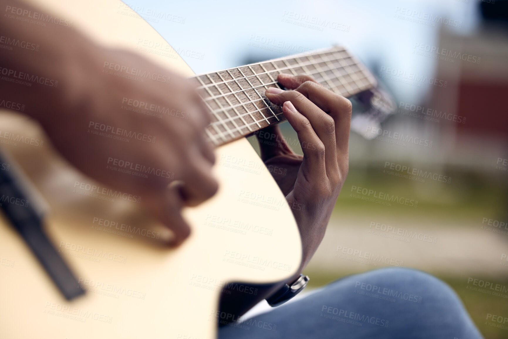 Buy stock photo Man, guitar and hands in garden for music, sound and performance in nature. Gen z male person, musician and playing instrument at university for practice, production and rehearsal for rock show