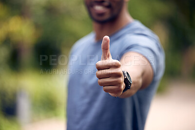 Buy stock photo Person, hands and thumbs up support for exercise approval or winning agreement, fitness or good job. Fingers, yes and wellness motivation for health review or outdoor vote for sport, goal or training