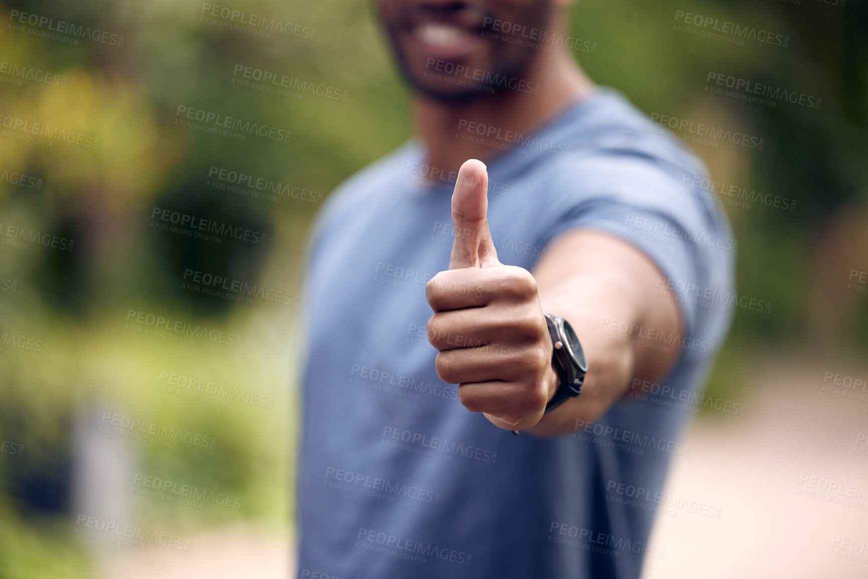 Buy stock photo Person, hands and thumbs up support for exercise approval or winning agreement, fitness or good job. Fingers, yes and wellness motivation for health review or outdoor vote for sport, goal or training