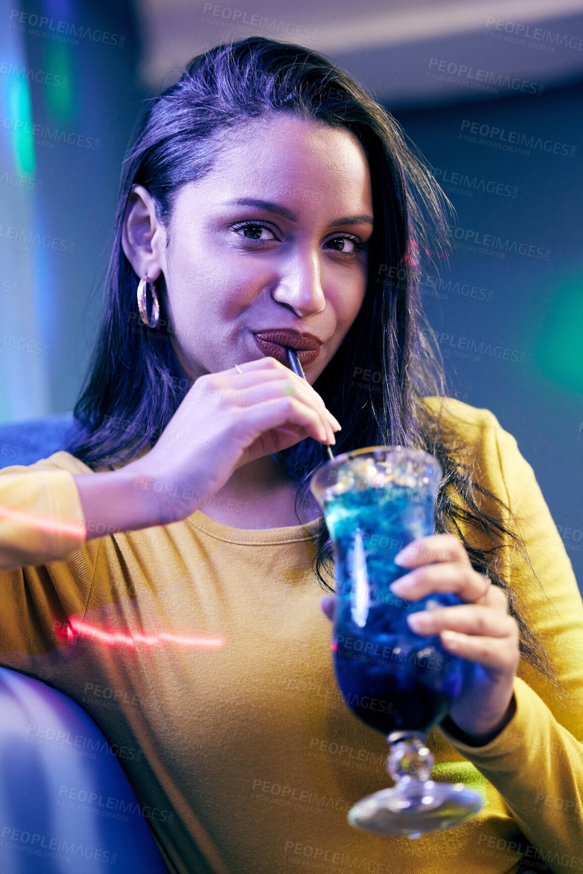 Buy stock photo Portrait, young woman and fun with cocktail for night out at party, event and nightclub to celebrate birthday. Smile, female person relax and drink alcohol, mojito and festival for happy hour
