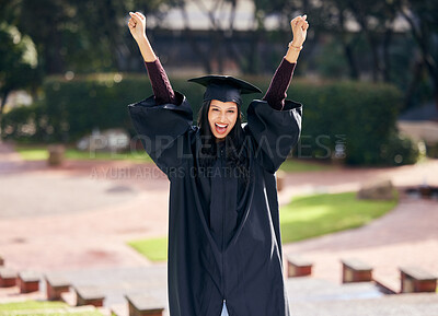 Buy stock photo Woman, portrait and happy for college graduation on campus with celebration, success and completion for qualification. Arms up, university and pride with smile or confident on education with future