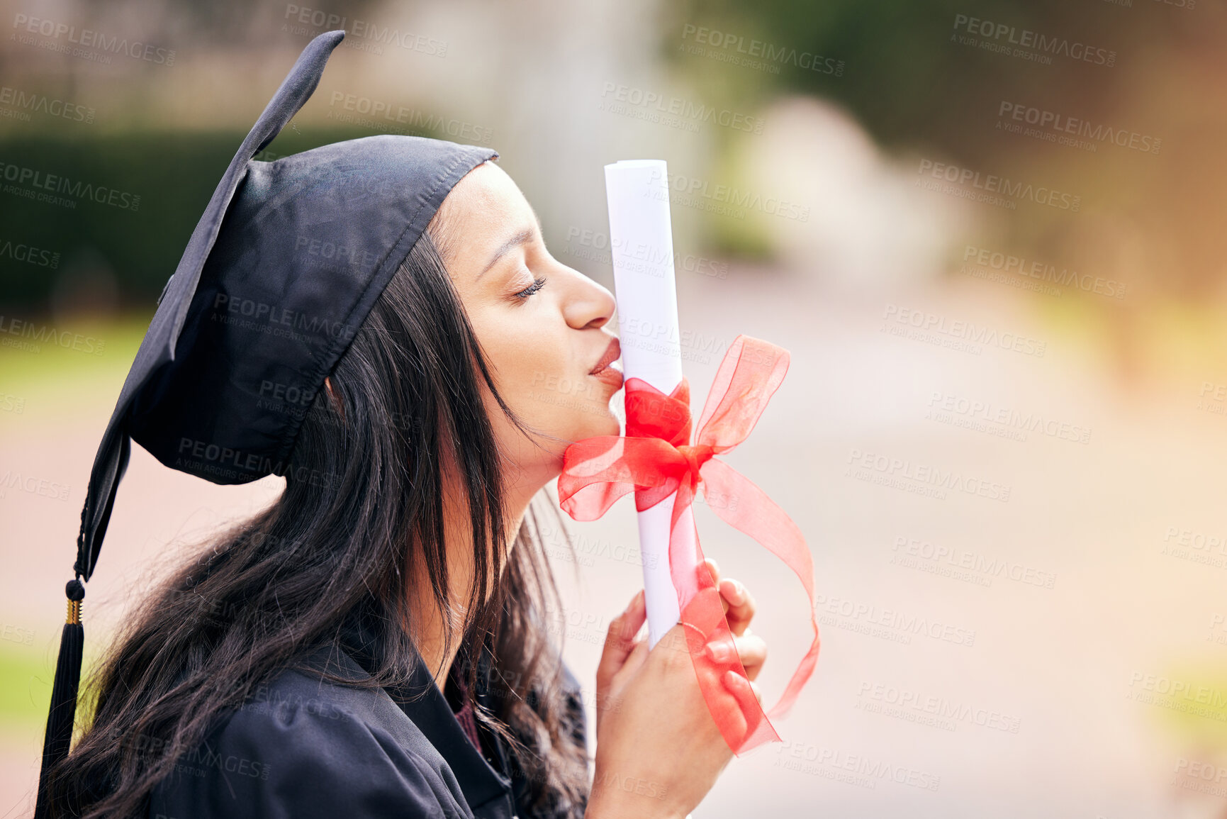 Buy stock photo Kiss, diploma and student at graduation with certificate from college, education and achievement. Study, celebration and girl with pride for university degree, success and gratitude for scholarship