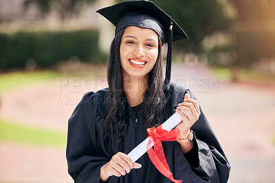 Buy stock photo Woman, portrait and happy with certificate for graduation on campus with celebration, success and completion for qualification. Achievement, university and pride with smile or confident for future