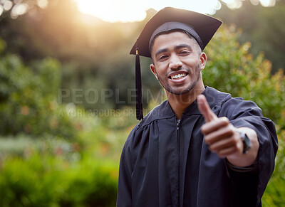 Buy stock photo Thumbs up, graduate and portrait outdoor for celebration, achievement and education or ceremony. Person, happy and proud in gown or robe for university event, student success and scholarship award