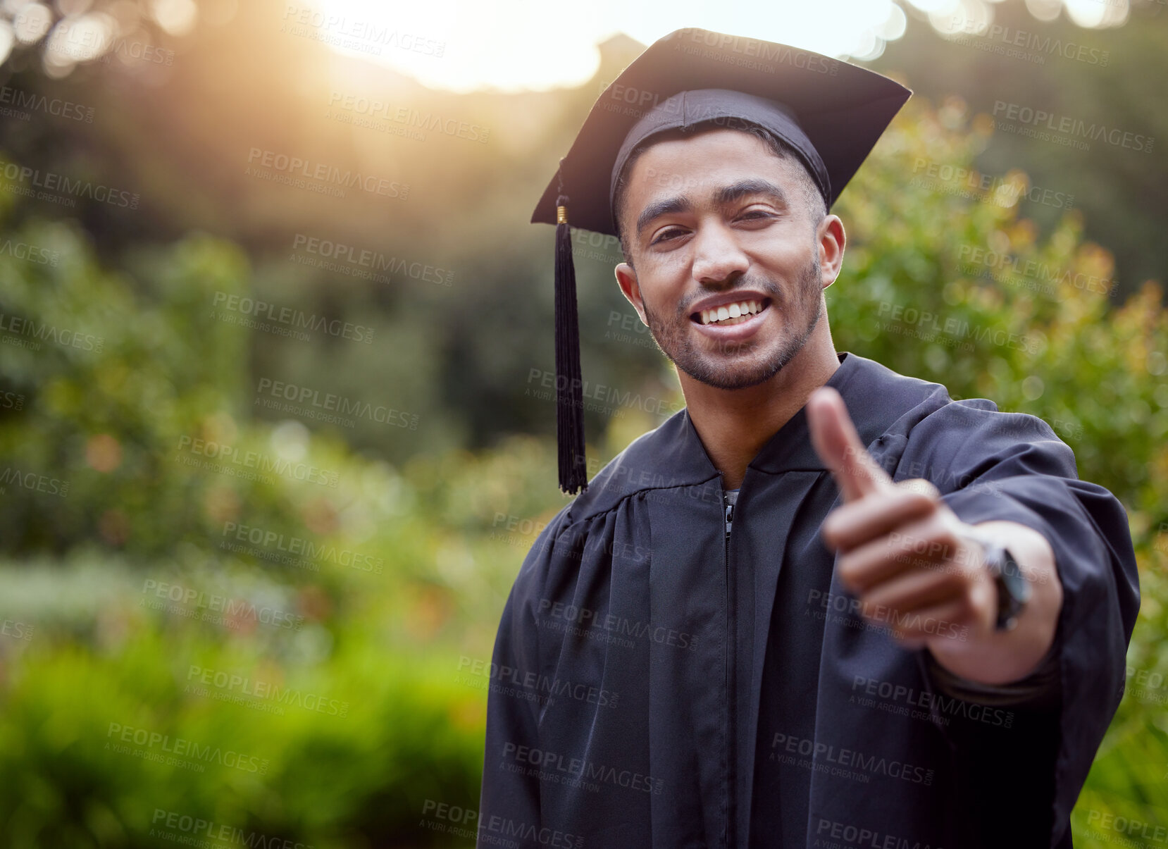 Buy stock photo Thumbs up, graduate and portrait outdoor for celebration, achievement and education or ceremony. Person, happy and proud in gown or robe for university event, student success and scholarship award