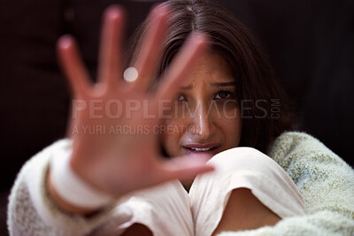 Buy stock photo Portrait, crying and woman with hand to stop domestic violence, sexual harassment or crime in studio. Pain, anxiety and scared girl in fight for gender abuse, danger and fear on black background.