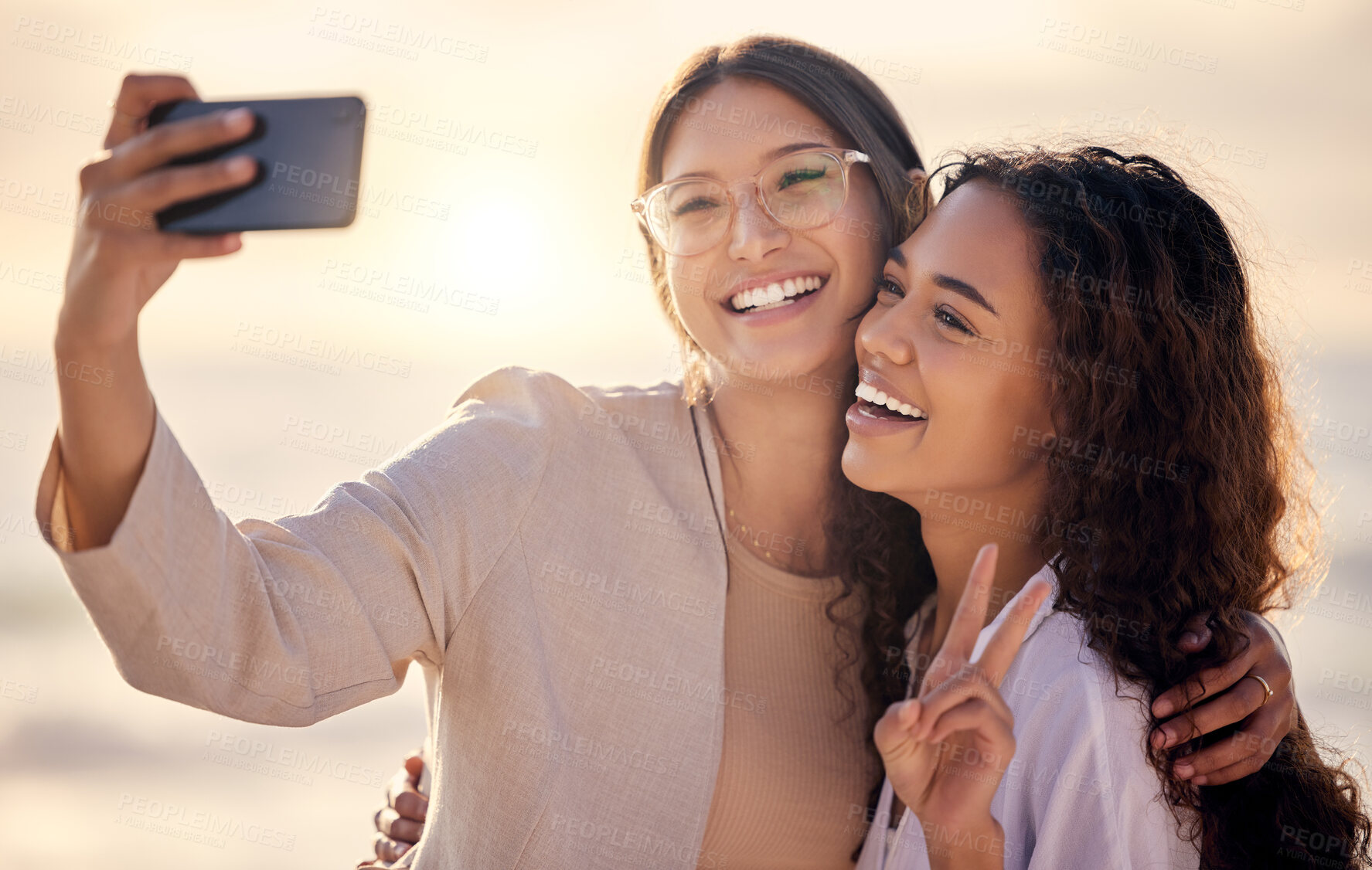 Buy stock photo Lesbian, couple and peace sign in outdoor selfie, travel and capture moment for bonding on date. People, love and emoji in nature on vacation or holiday, romance and lgbt social media update on trip