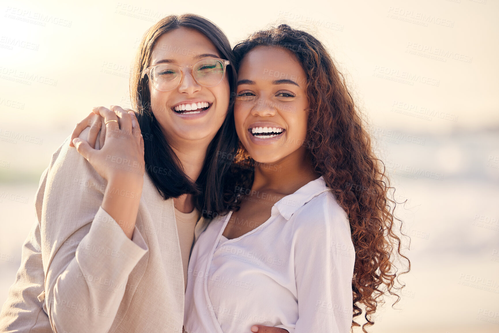 Buy stock photo Portrait, lesbian and women hug, beach and love with freedom, equality and romance with happiness. Face, couple and girls embrace, lgbtq relationship and commitment with pride and seaside vacation