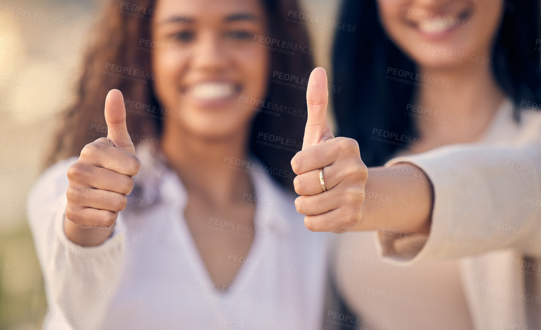 Buy stock photo Women, friends and thumbs up for agreement in outdoor, support and like emoji for vacation. People, thank you and vote or feedback and review of holiday in nature, satisfaction and approval or yes