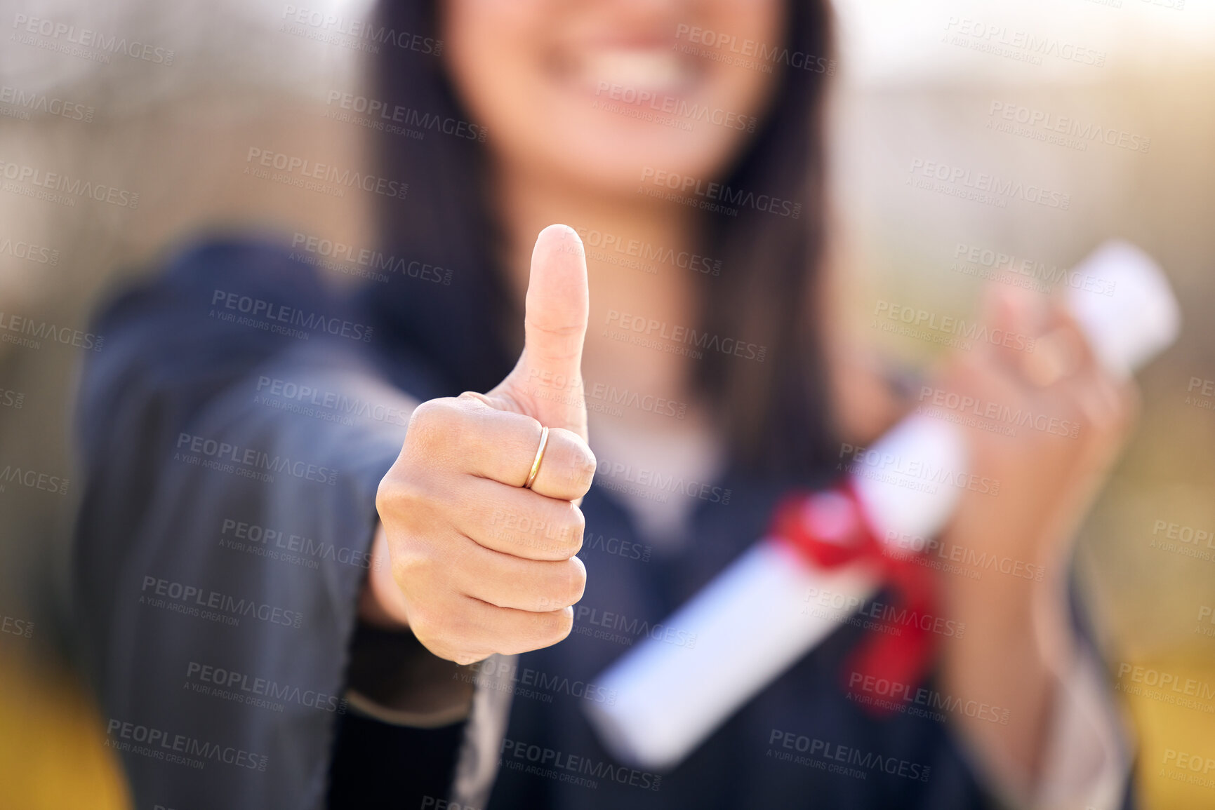 Buy stock photo Thumbs up, diploma and woman outdoor for graduation with celebration, scholarship and winner for award. Female graduate, degree and yes emoji in campus with support for education and academic success
