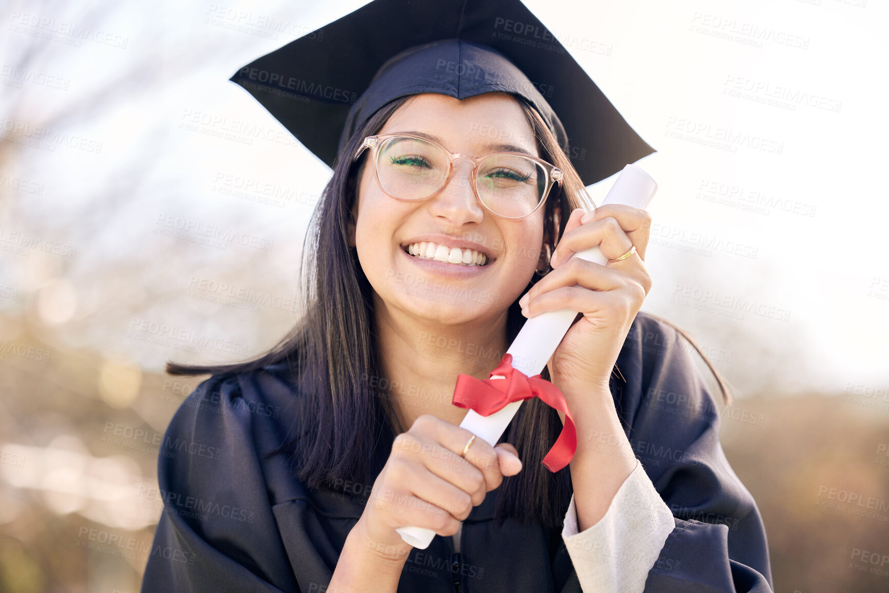 Buy stock photo Portrait, degree and girl with graduation, student and university with college, excited or celebration. Face, happiness or woman with achievement, success or certificate with scholarship or education