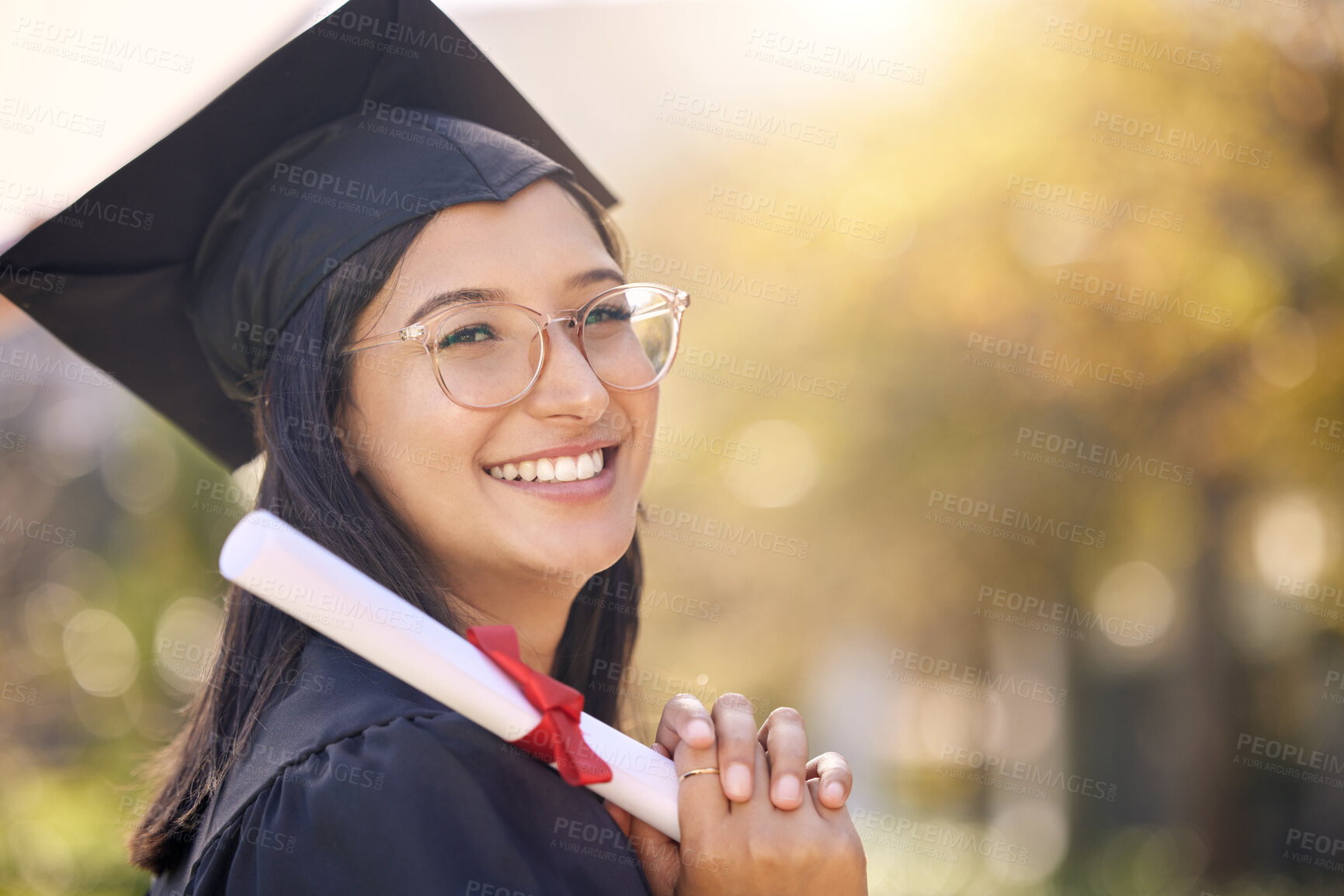 Buy stock photo Portrait, certificate or girl with graduation, student or university with degree, achievement or celebration. Face, person or woman with education, success or college with event, scholarship or smile