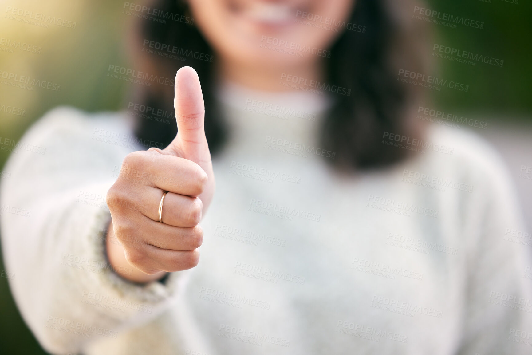Buy stock photo Hand, thumbs up and closeup for success outdoor, support or motivation for winning achievement goal in summer. Like, yes gesture and person with emoji for feedback, vote and thank you sign for review