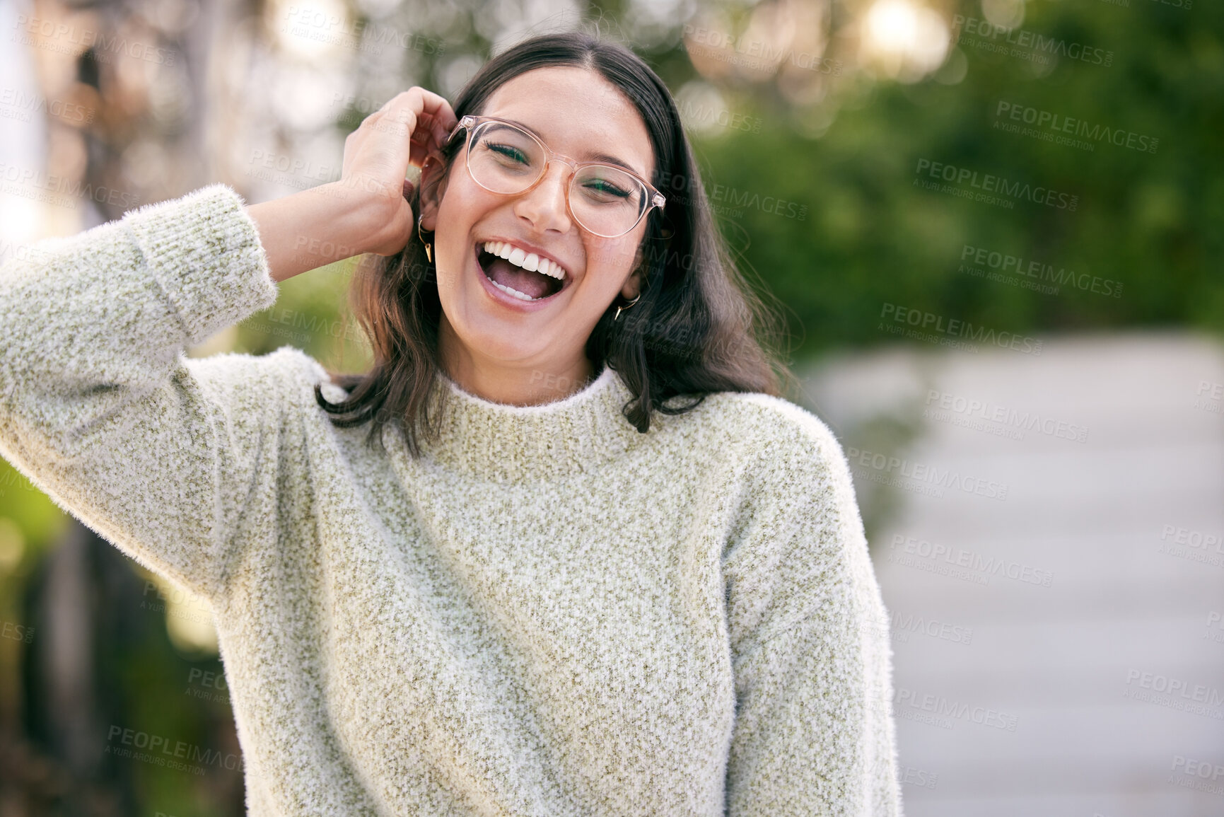 Buy stock photo Smile, portrait and woman with glasses for optometry, vision and eye care while outdoors. Happy, student and girl in city with prescription specs, confident and pride in town and excited for eyesight