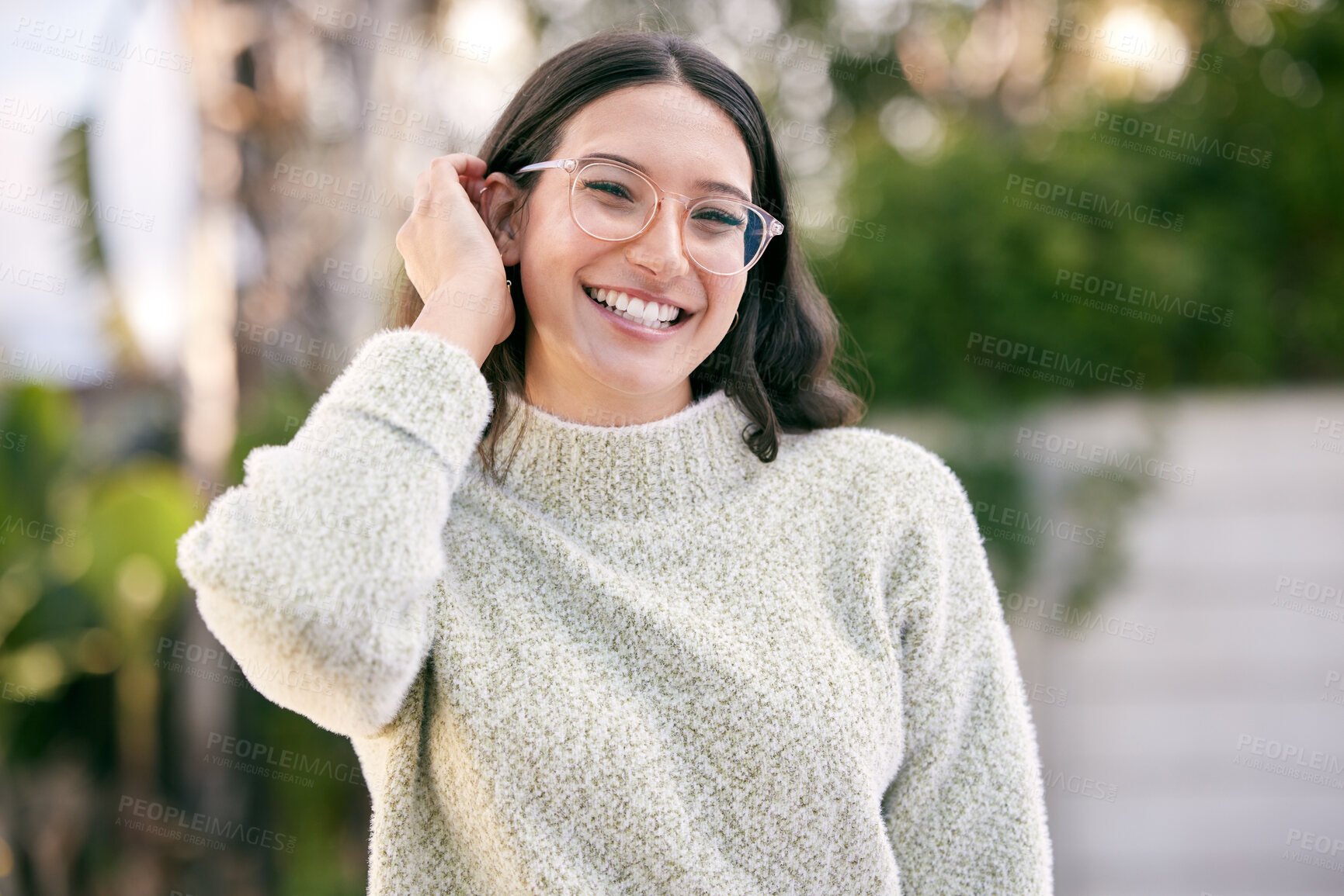 Buy stock photo Woman, portrait and happy with glasses for optometry, vision and eye care while outdoors. Smile, student and free in city with prescription specs, confident and pride in town and excited for eyesight