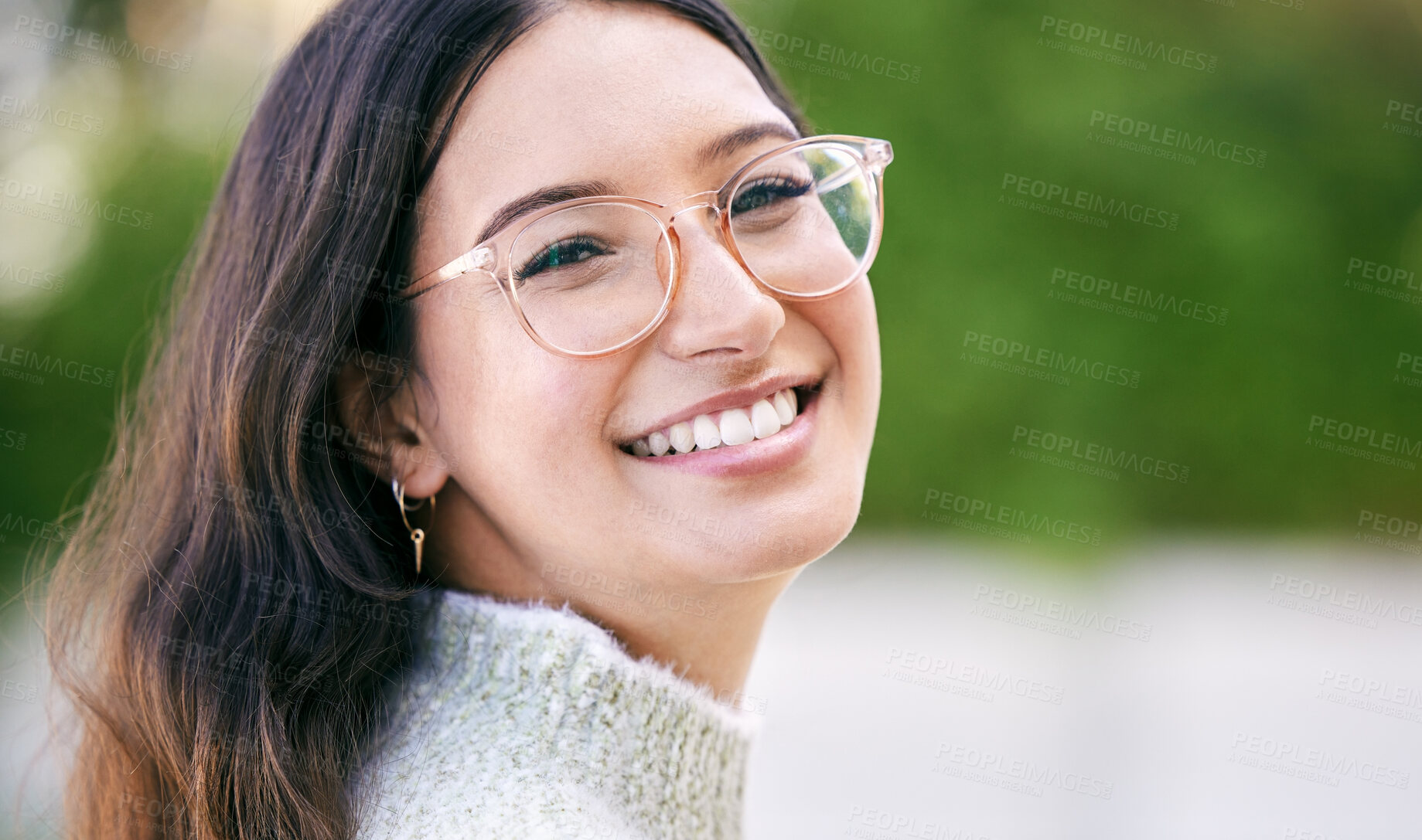 Buy stock photo Woman, happy and space in portrait outdoor of student in weekend holiday, vacation and carefree. Female person, smile and excited for travel opportunity, break and pride by mockup in Australia