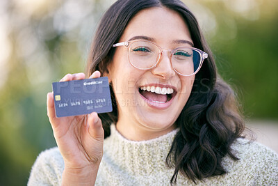 Buy stock photo Excited woman, outdoor and credit card for payment, finance or banking with transaction, shopping or client. Smile, happy person or customer with investment, budget or savings with discount or sale