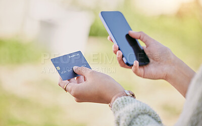 Buy stock photo Smartphone, credit card and ecommerce for shopping, hands and internet for payment. Online, technology and smartphone for person and digital app, buying and banking or fintech or retail transaction