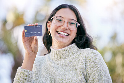 Buy stock photo Happy woman, outdoor portrait or credit card for banking, finance or payment with account and client. Smile, person or proud customer with investment, budget or savings with loyalty discount or sale