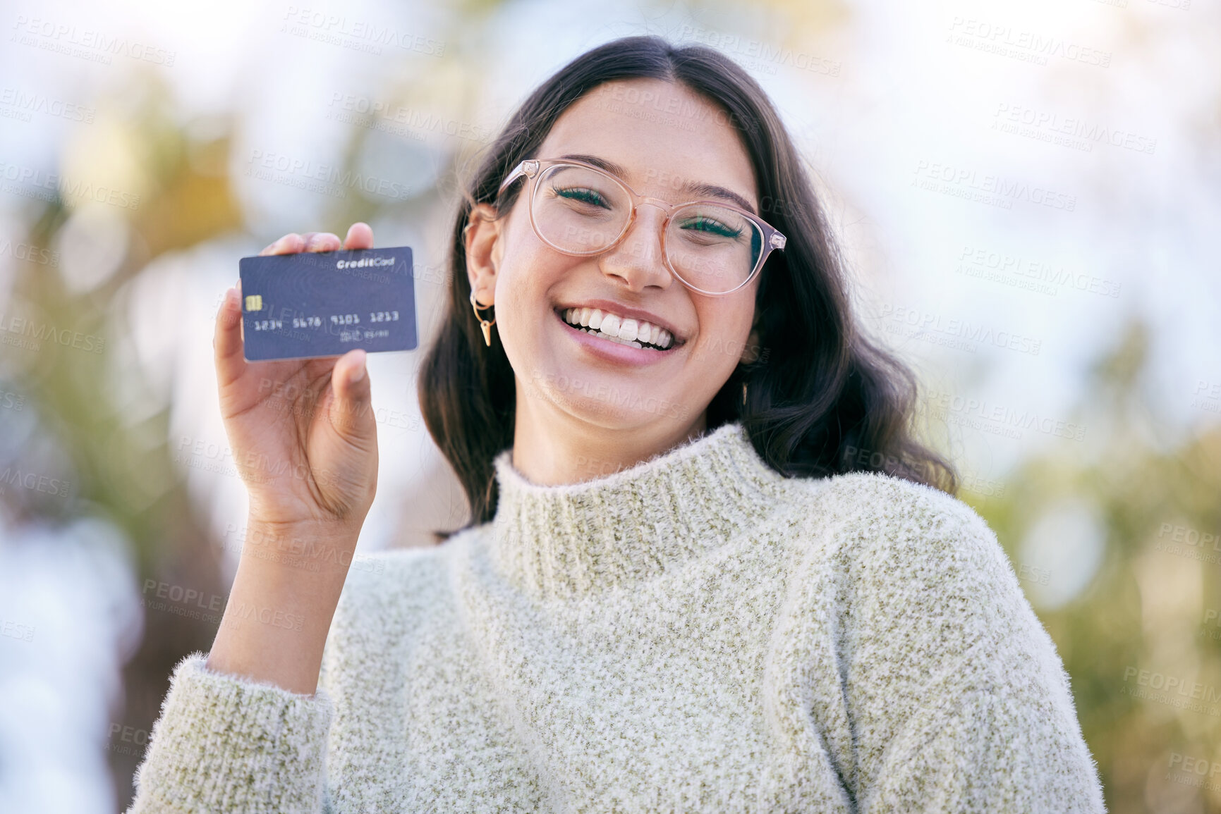 Buy stock photo Happy woman, outdoor portrait or credit card for banking, finance or payment with account and client. Smile, person or proud customer with investment, budget or savings with loyalty discount or sale