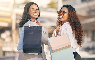 Buy stock photo Portrait, retail and women with bags, city or consumer choice with boutique items, fashion or smile. Face, female clients or customers with discount, sale or discount with luxury products or shopping