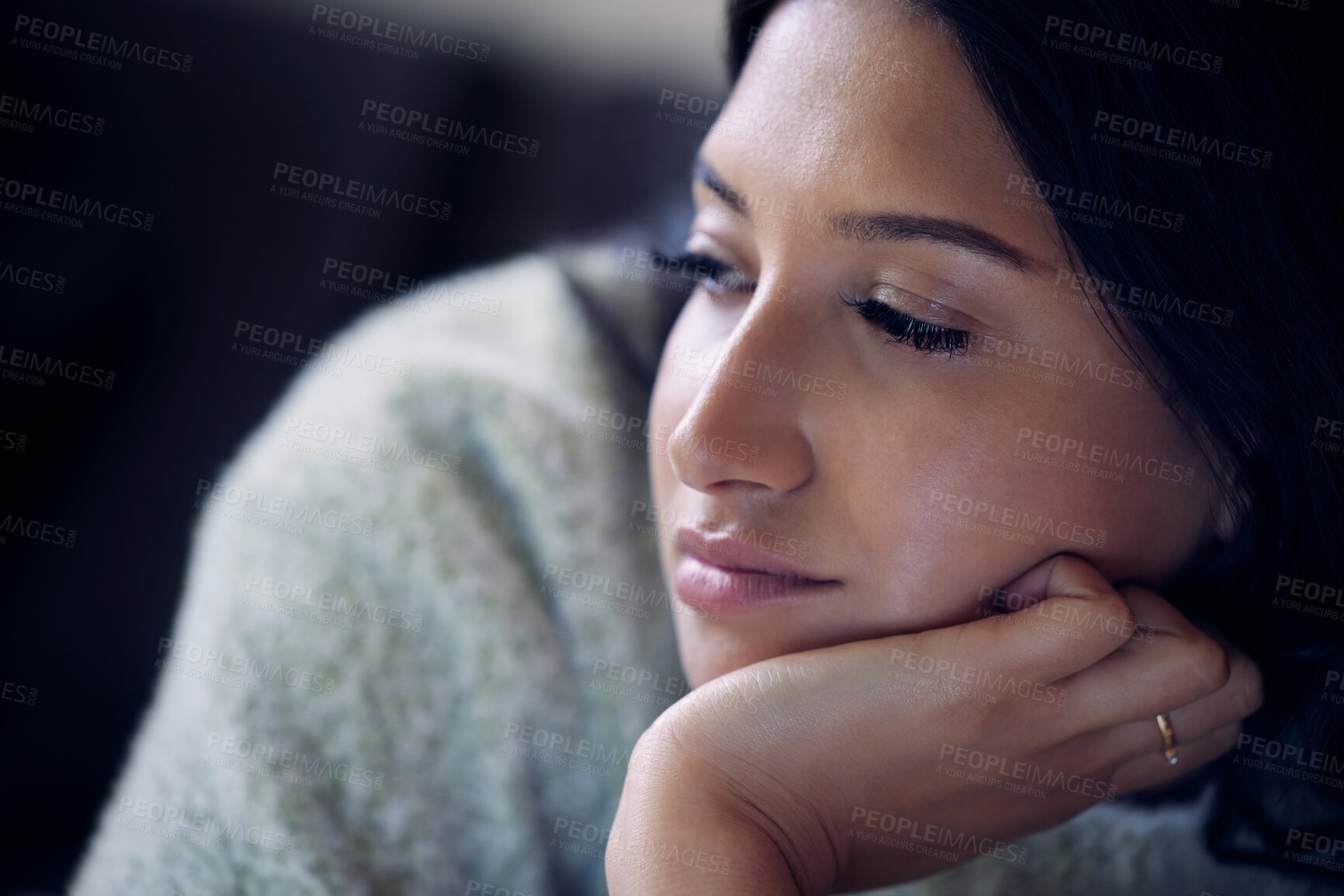 Buy stock photo Woman, thinking and depression in home from anxiety, mental health and frustration with burnout. Sad female person, stress and headache in lounge from problem, crisis and mistake or fear of illness