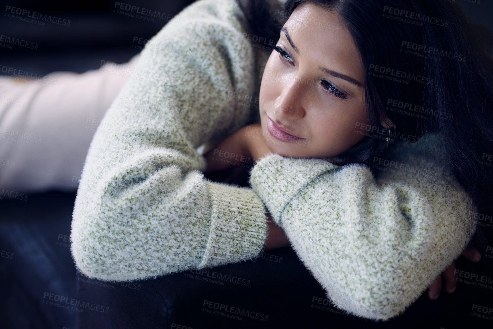 Buy stock photo Tired, woman and burnout in home for depression, mental health and emotion from frustration. Sad female person, stress and headache in lounge from problem, crisis and mistake or fear of illness