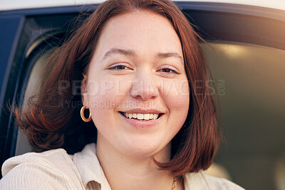 Buy stock photo Portrait of a young woman traveling in a car