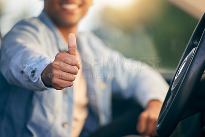 Buy stock photo Hand, thumbs up and success in car for travel, support or journey on road trip closeup. Like, gesture and person in transport with sign for feedback, vote or thank you emoji for taxi driver review