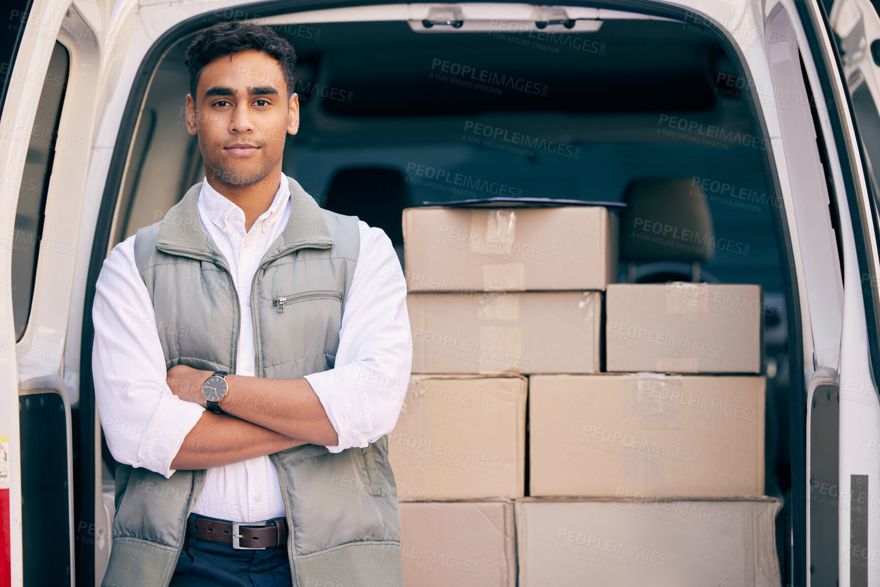 Buy stock photo Portrait, delivery man and arms crossed by van for courier, shipping and logistic for products as job. Male driver, service and transportation with truck, car and confident employee with pride