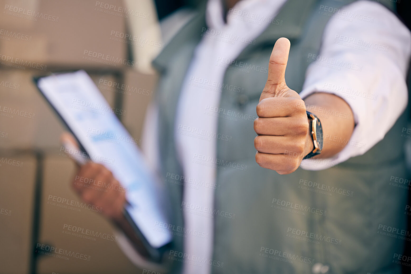 Buy stock photo Shot of a delivery man showing thumbs up and holding a clipboard