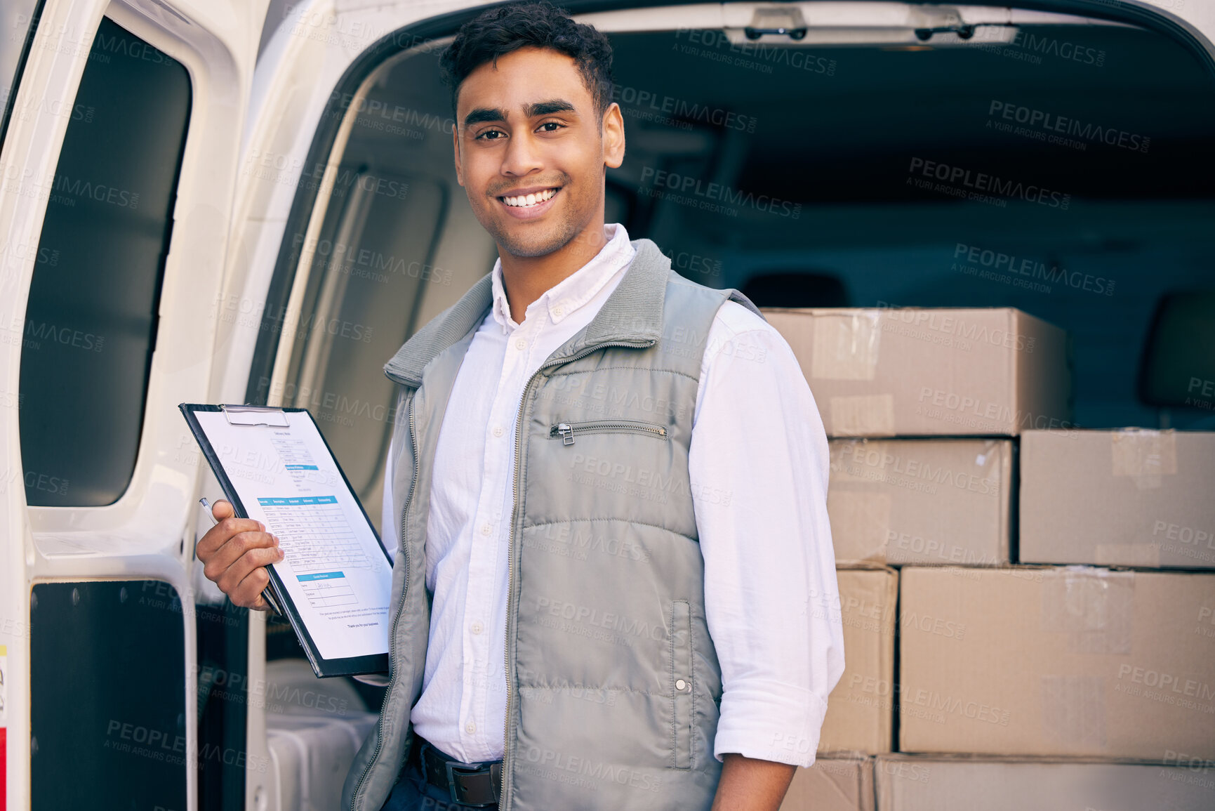 Buy stock photo Delivery man, box and working with a checklist in the van, courier service or portrait of employee shipping package. Person, supplier or writing with clipboard, list and logistics of products