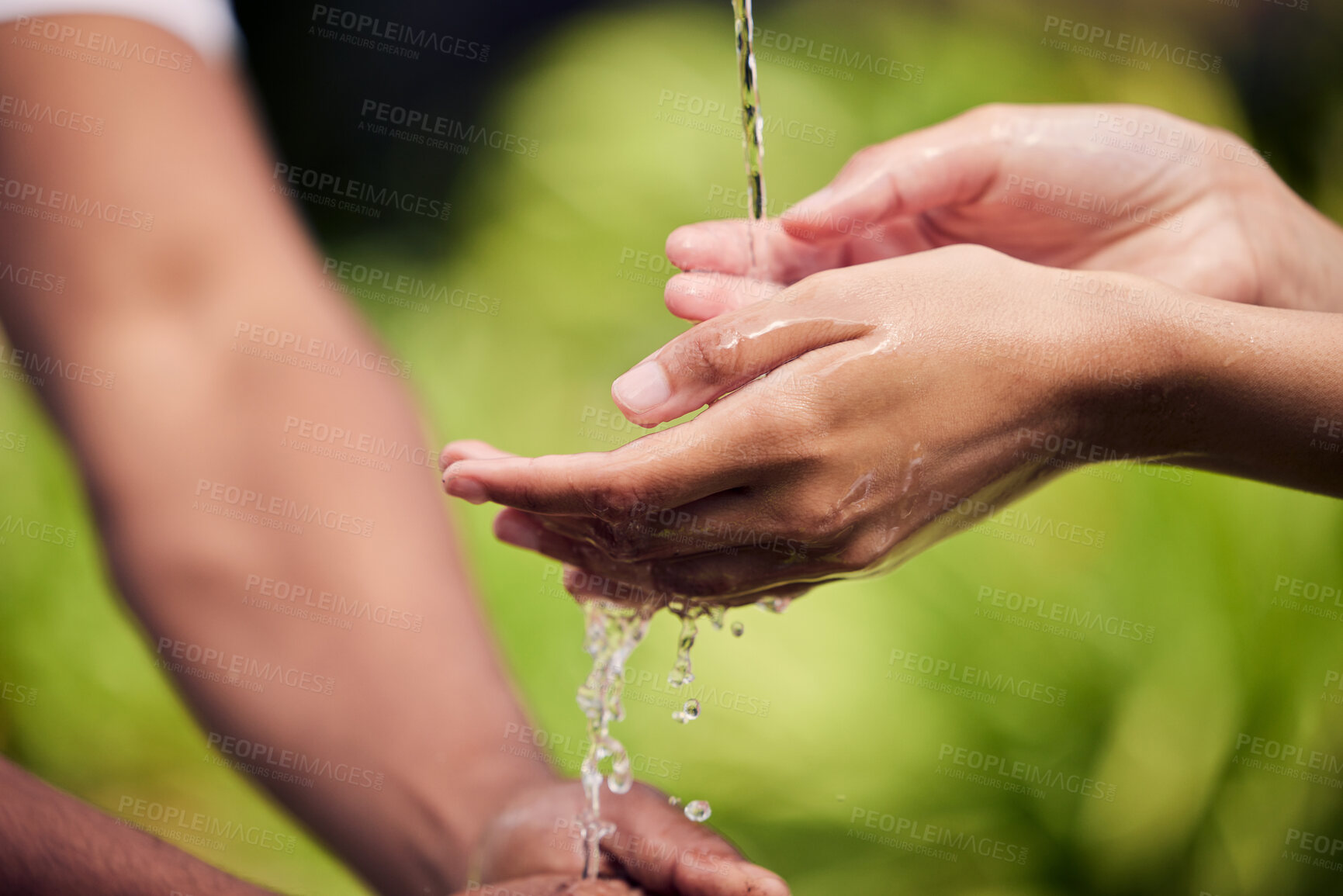 Buy stock photo People, nature and water splash on hands for hygiene with safety, health and environment sustainability. Zoom, wellness routine and cleaning fingers with liquid drops for bacteria removal in garden