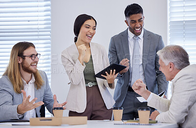 Buy stock photo Shot of a group of businesspeople cheering during a meeting in a modern office