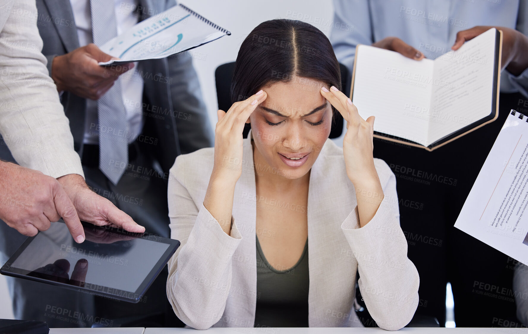 Buy stock photo Office, multitasking and woman with headache in stress for workload, financial deadline and productivity. Frustrated, investor and burnout with hands in chaos for stock market, investment and trading