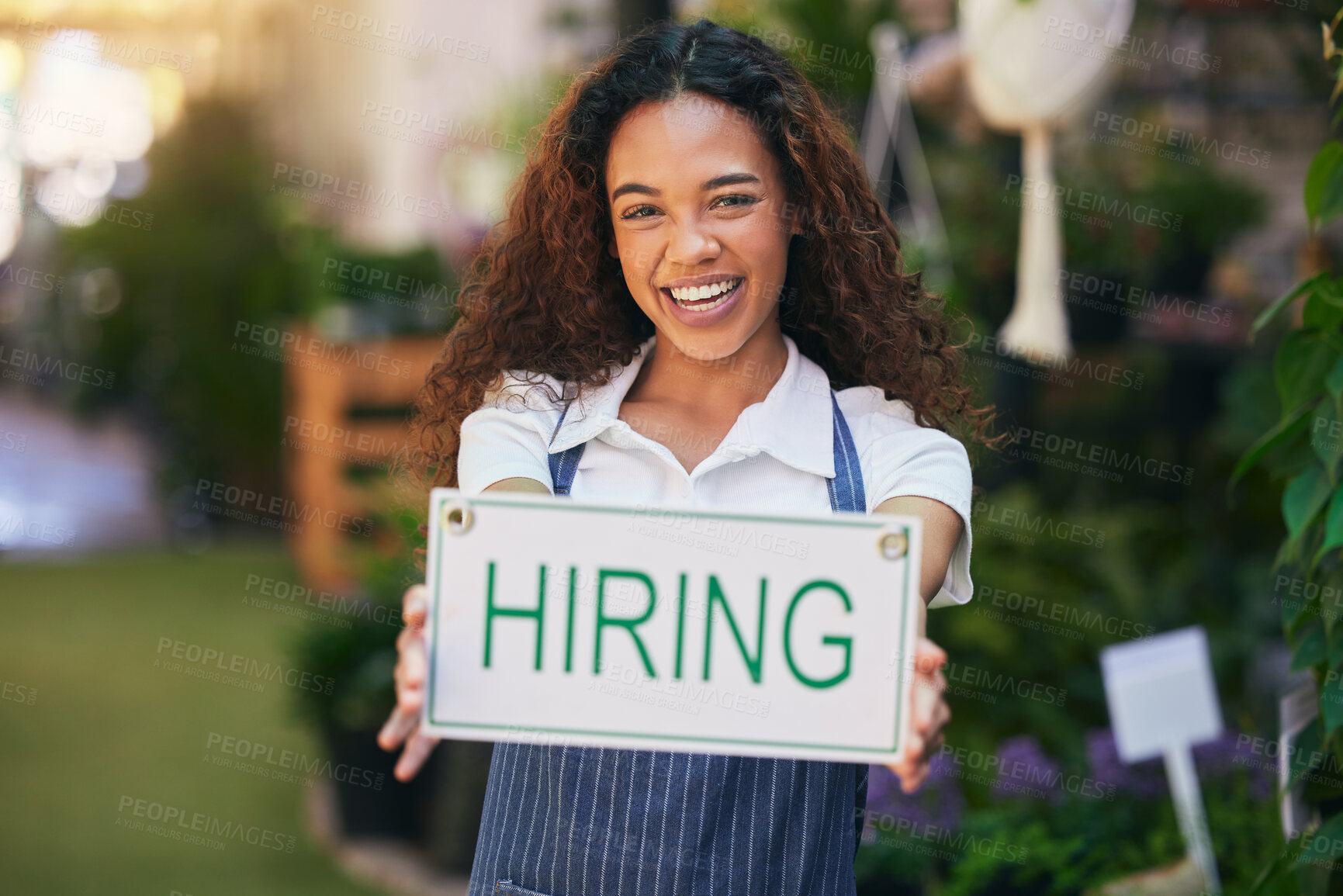 Buy stock photo Woman, open sign and portrait in shop with flowers for small business, welcome and startup for florist service. Entrepreneur girl, opening time and signage in nursery for advertising and plant store