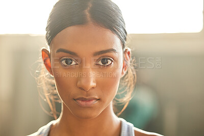 Buy stock photo Fitness, portrait or Indian woman at gym for a workout, exercise or training for health or wellness. Face of sports girl or serious female athlete with strong mindset, resilience or focus in studio 