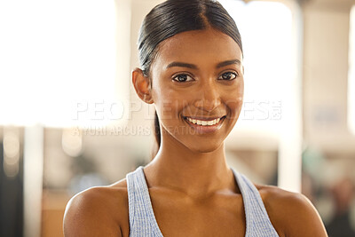 Buy stock photo Fitness, portrait or happy Indian woman at gym for a workout, exercise or training for wellness. Face of sports girl or proud female athlete smiling or relaxing with positive mindset in health club