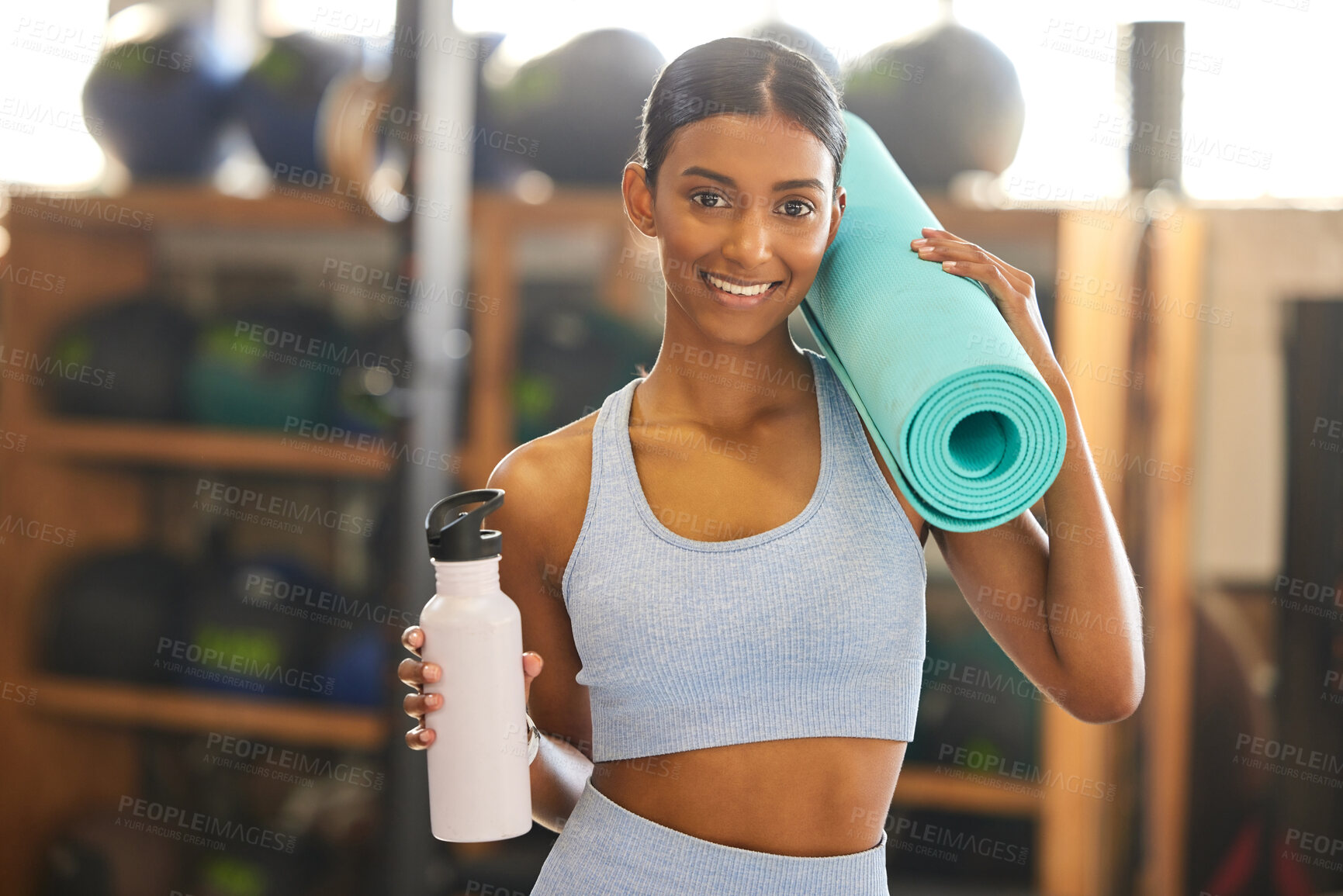 Buy stock photo Mat, portrait or happy woman with water in gym ready for training, workout or exercise with smile. Fitness, athlete smiling or sports girl with bottle for healthy liquid hydration to start exercising