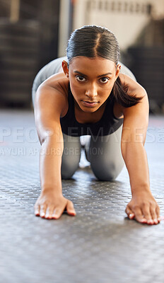 Buy stock photo Portrait, fitness or woman stretching spine in gym preparation for exercise, workout or wellness. Face of girl, warm up or flexible Indian athlete exercising for mobility training or back flexibility