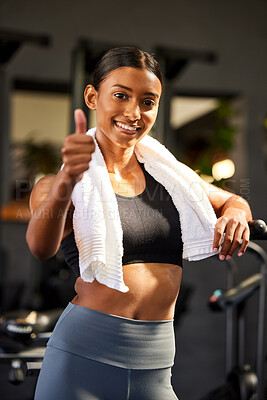 Buy stock photo Gym, portrait or happy woman with thumbs up in fitness training with positive mindset or motivation. Wellness, smile or healthy female personal trainer in workout with like hand gesture or thumb up