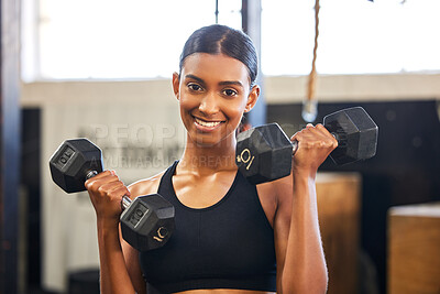 Buy stock photo Fitness, dumbbells or portrait of happy woman training, exercise or workout for powerful arms or muscles. Dumbbell curls, strength or Indian girl athlete lifting weights or exercising biceps at gym