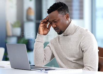 Buy stock photo Stress, confused and African businessman on laptop for reading email, bad news and deadline in office. Anxiety, burnout and web developer with 404 error, glitch or problem in IT support on website