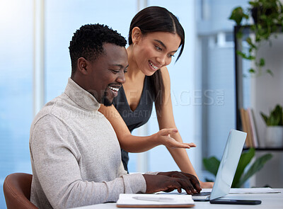 Buy stock photo Team, man and woman mentor at laptop, smile and review for performance in company. Feedback, businesspeople and coworkers in global, corporate and brainstorming in collaboration for digital or tech