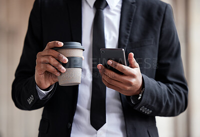 Buy stock photo Businessman, closeup and phone with coffee or typing for email, communication with technology for company. Male person, hands and espresso or mobile and check for schedule, reminder for work on app