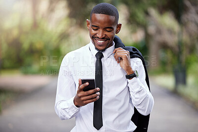 Buy stock photo Businessman, phone and typing in city for news online, internet and text message. Male banker, mobile and communication in urban town for social media with reading email, web search and work break