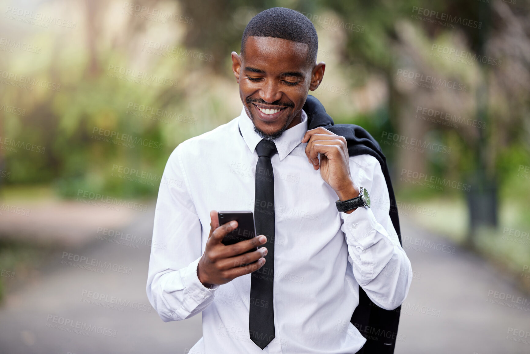 Buy stock photo Businessman, phone and typing in city for news online, internet and text message. Male banker, mobile and communication in urban town for social media with reading email, web search and work break