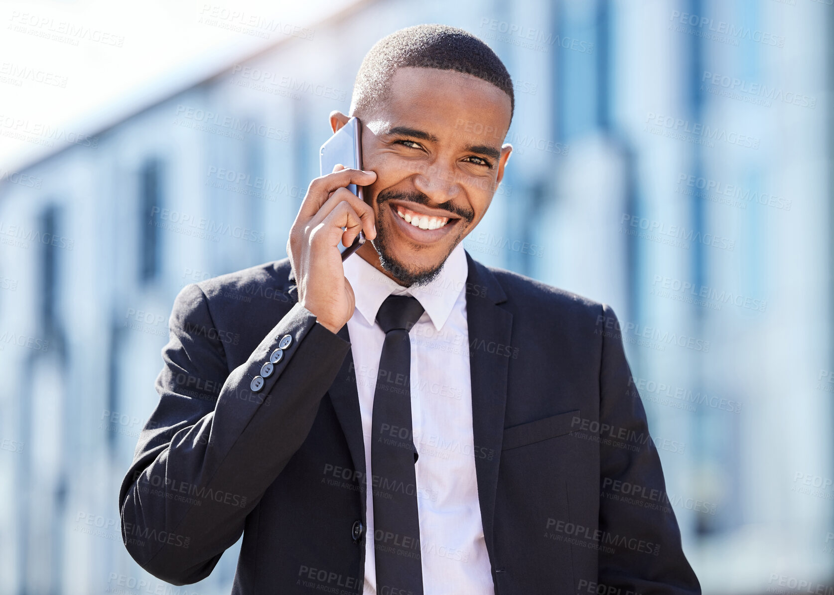 Buy stock photo Phone call, black man and urban for business, portrait and conversation for sales. Network, communication and mobile smartphone chat in city, entrepreneur and street or sidewalk for speaking online