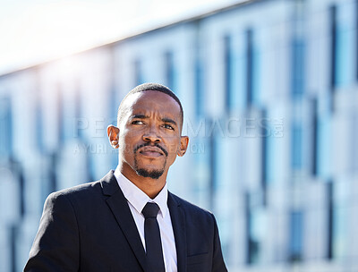 Buy stock photo Thinking, serious and man in city for business work, determined and ready for corporate career in New York. Male employee, travel and commute to job or work as operations manager and professional